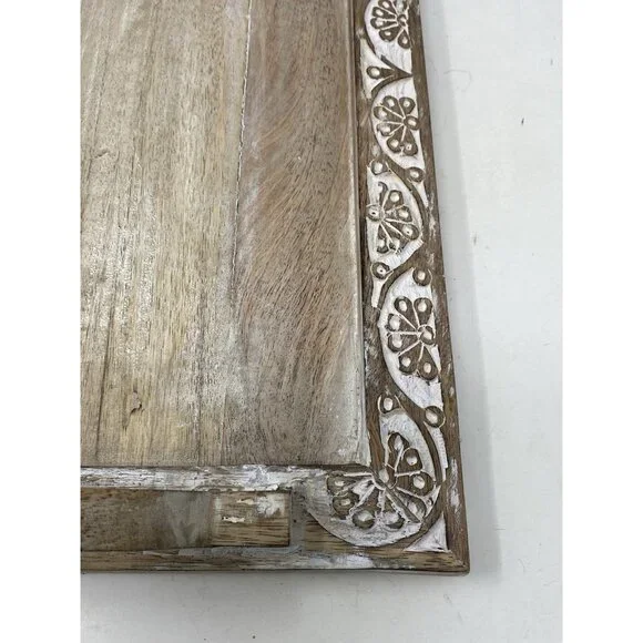 RUSTIC Carved Wooden Serving Tray Rectangular 17x12 With 2 Handles India - Picture 4 of 8